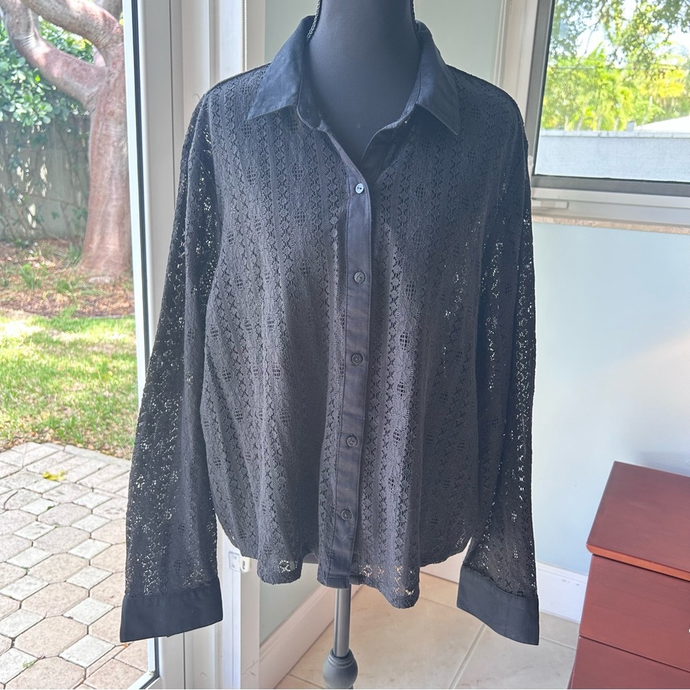 Old Navy Black Cotton Lace Button-Up Top, Women’s Size XL